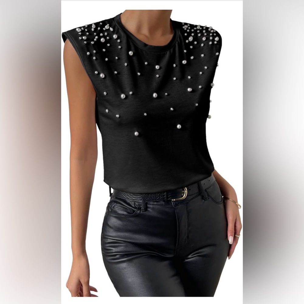 Pearl-Embellished Black Sleeveless Top
